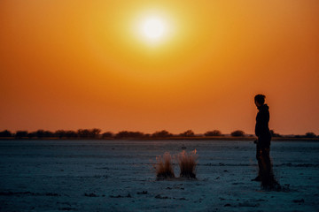 Frau schaut in den Sonnenuntegang bei Baines Baobabs, Nxai Pans National Park, Botswana