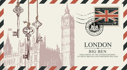 Vector postcard or envelope with Big Ben in London, old keys and inscriptions. Retro postcard with postmark in form of royal coat of arms and postage stamp with flag of United Kingdom