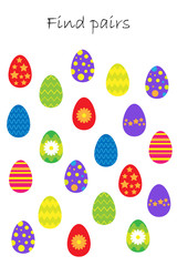 Find pairs of identical pictures, fun education game with easter eggs for children, preschool worksheet activity for kids, task for the development of logical thinking, vector illustration