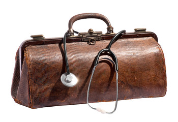 Old vintage leather doctors bag over white