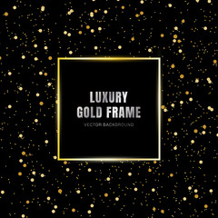 Glold glowing magic square frame on glitter sparkle trail effect on black background. Luxury style.