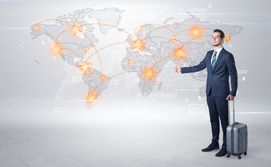 Businessman in dark suit hitchhike to business trip in a front of a map with destination