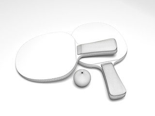 Table tennis rackets and ball. 3d model grid design