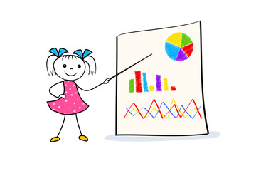 Young cartoon girl pointing at board with graph and pie chart. Businness presentation concept in doodle style. Vector illustration