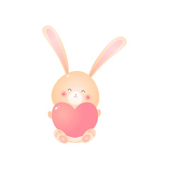 Cute sitting rabbit with pink heart in hands isolated on white background