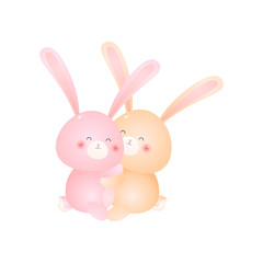 Obraz premium Two cute sitting rabbits hug isolated on white background