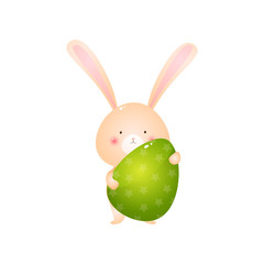 Cute rabbit holding big green easter egg isolated on white background