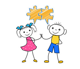 Cartoon characters connecting puzzles together. Hand drawing team work business concept in doodle style.