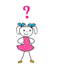 Fototapeta premium Hand drawn cartoon girl thinking with question mark. Asking decision doodle character isolated on white background.