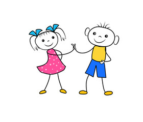 Cartoon boy and girl holding hands and glad to be a friends. Successful business contract negotiation.
