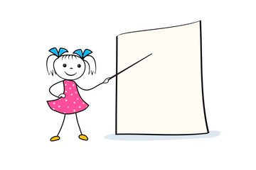Doodle girl character with pointer in hand near empty presentation board. Cartoon template for conference, seminar or lecture.