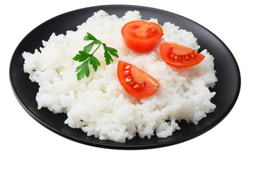 White rice with tomato in black bowl isolated on white background