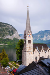 Old vintage wooden houses by the lake in Hallstatt, Austria