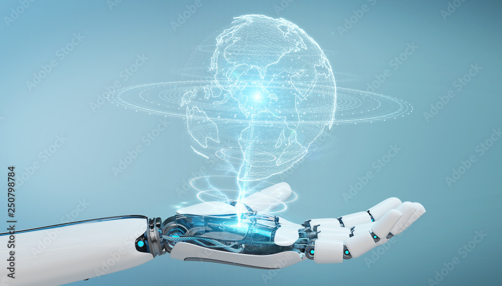 Poster white robot hand using globe network hologram with america usa map 3d rendering