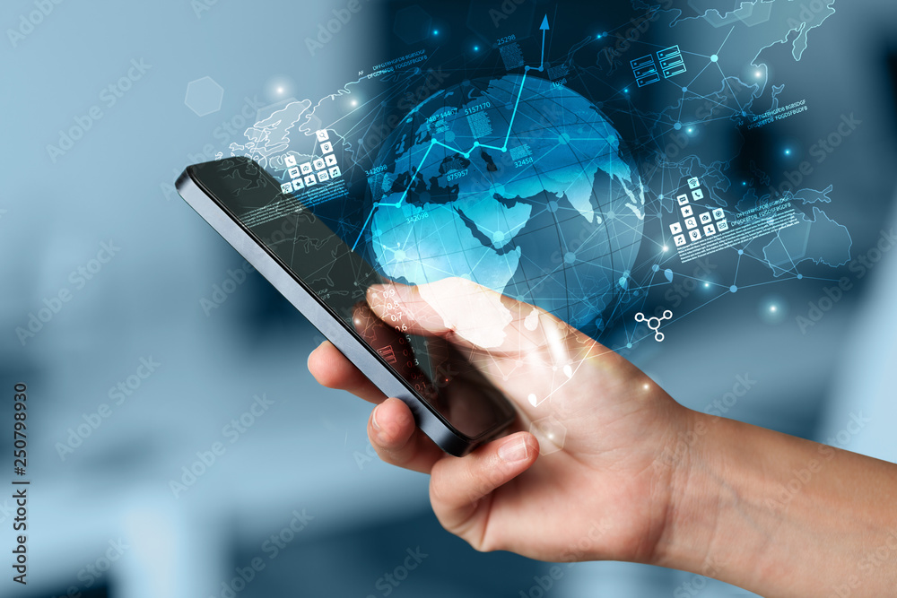 Poster hand using phone with global reports and stock market change concept