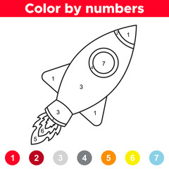 Color by number for preschool and school kids. Coloring page with cartoon rocket. Space theme. Vector illustration.