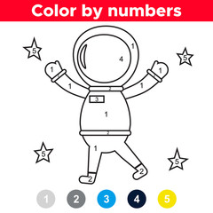 Color by number for preschool and school kids. Coloring page or book with astronaut. Space theme. Vector illustration.