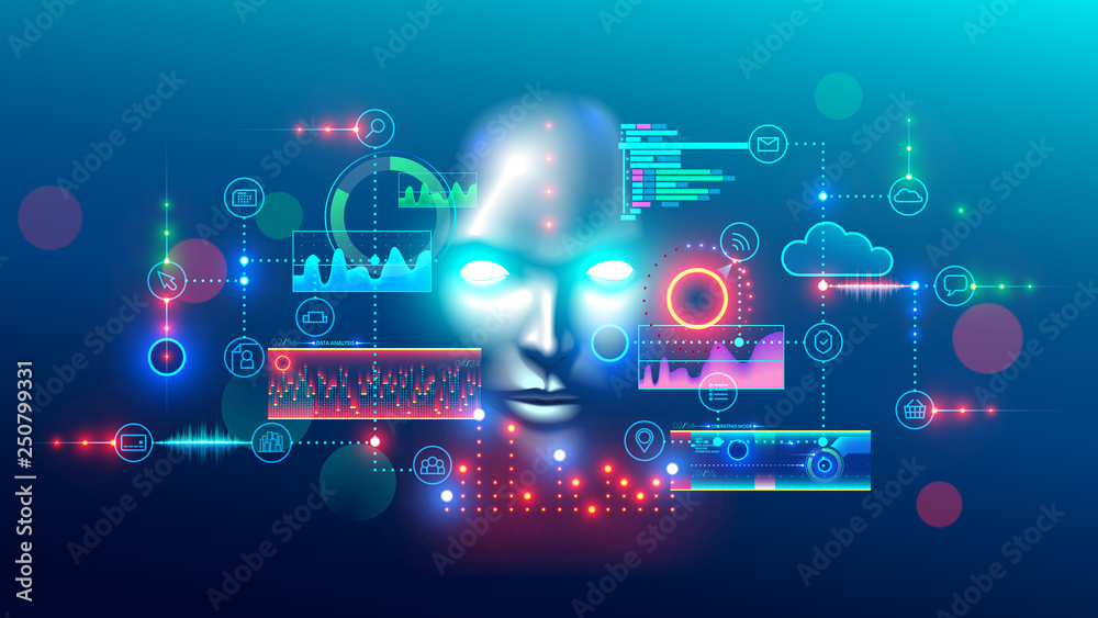 Aufkleber Artificial intelligence abstract concept banner. Digital mind analyzes data information. AI connection with neural network, solves business tasks. Cyber face looking at hud graphic interface.