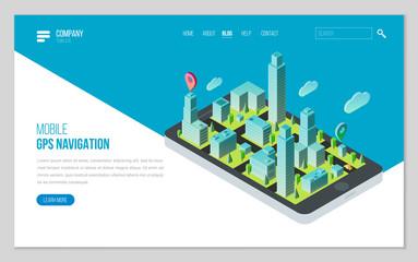Design website or landing page template. Minimal modern concept for gps navigation, digital online map. Isometric vector illustration.