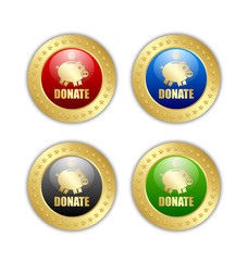Golden donate piggy bank icons with coin isolated on white background