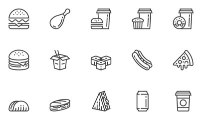 Fast Food Vector Line Icons Set. Street Food, Pizza, Taco, Sandwich, Noodle. Editable Stroke. 48x48 Pixel Perfect.