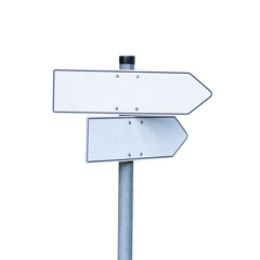 Two white street signs on metal pole with copy space for add text isolated on white background,clipping path.