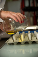 Hives in an apiary with bees flying to the landing boards. Apiculture
