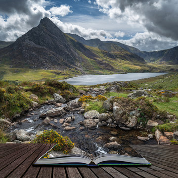 Stunning landscape image of countryside around Llyn Ogwen in Snowdonia during early Autumn coming out of pages of open story book
