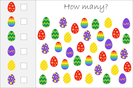 How many counting game with easter eggs for kids, educational maths task for the development of logical thinking, preschool worksheet activity, count and write the result, vector illustration