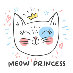 Hand drawn cute cat girl face with with pink cheeks and shiny crown. Meow princess lettering text. Vector illustration design for fashion prints, posters and greeting cards.