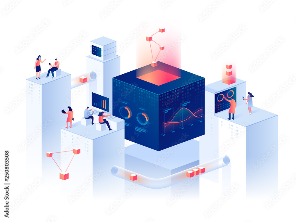 Poster people interacting with charts and analyzing statistics. data visualization concept. 3d isometric ve