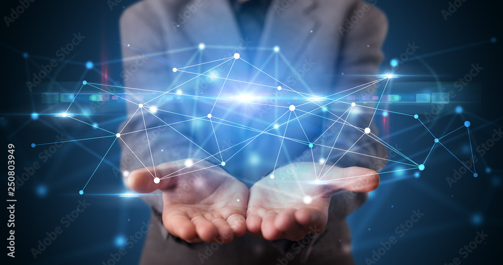 Aufkleber handsome person holding hologram screen displaying modern cloud based web system technology