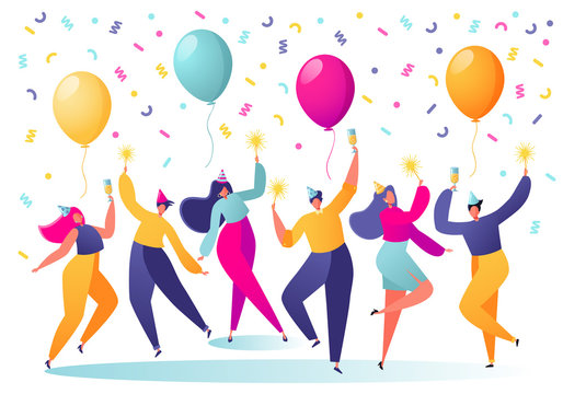 Group of happy, joyful people celebrating holiday, event. Man and woman characters in holiday cap dancing, having fun and having toast with confetti and balloons on the background.People on the party