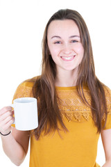 portrait of happy young woman with tea mug of coffee
