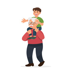 vector illustration old man have great day with little child. grandfather happy together with his grandson. elderly people with kid - Vector
