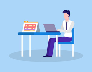 FAQ person answering questions feedback online vector. Man wearing formal clothes, working by laptop using modern technologies. Support for clients