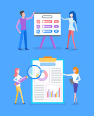 Presentation with explanation of infocharts and infographics vector. People working on optimization of business learning diagrams and charts schemes