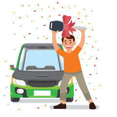 vector illustration a happy man win a car. a surprise man get door prize win a new car. winner a new car. man holding key car with ribbon - Vector
