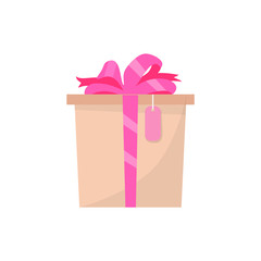 Pink gift box side view, vector present in color wrapping isolated. Surprise with price tag, topped by satin ribbon and bow, flat style illustration