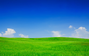Obraz na płótnie Canvas Idyllic view, green hills and blue sky