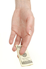Female hand holding one hundred dollar bill