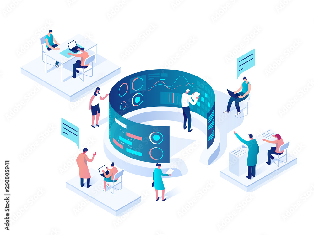 Poster people interacting with charts and analyzing statistics. data visualization concept. 3d isometric ve