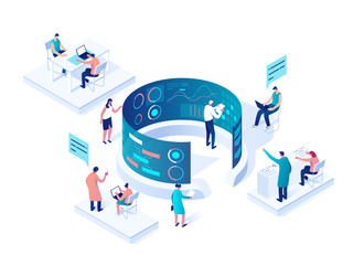 People interacting with charts and analyzing statistics. Data visualization concept. 3d isometric vector illustration. - obrazy, fototapety, plakaty