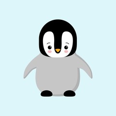 Cute Baby Penguin standing on blue background flat design vector illustration.