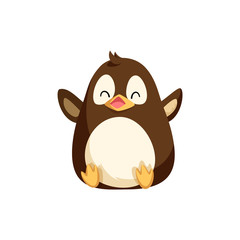 North pole funny penguin sitting on bottom and merrily laughing. Funny winter cartoon character in good mood, vector isolated polar bird, cute toy