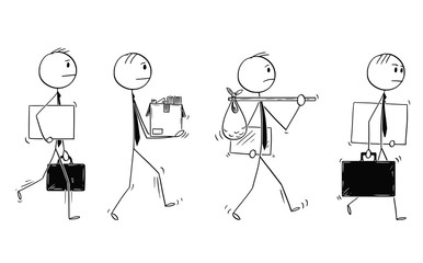 Cartoon stick figure drawing conceptual illustration of group of men or businessmen leaving or moving with office equipment in hands.