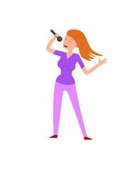 Woman singer with long hairstyle isolated lady vector. Performance of person dressed casually, character singing holding microphone performer clubbing