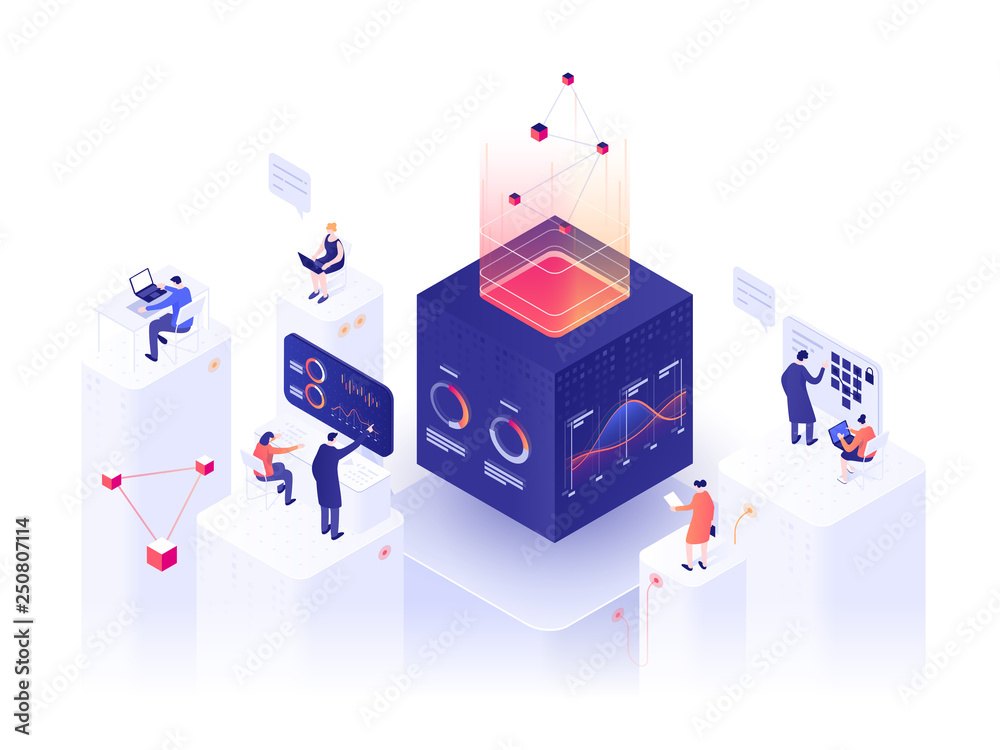 Poster people interacting with charts and analyzing statistics. data visualization concept. 3d isometric ve