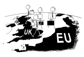 Fototapeta premium Cartoon stick figure drawing conceptual illustration of group of businessmen leaving United Kingdom to EU or European Union as concept of business leaving UK during Brexit.
