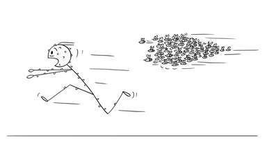 Cartoon stick figure drawing conceptual illustration of man running in panic away from attacking swarm of bees or wasps.